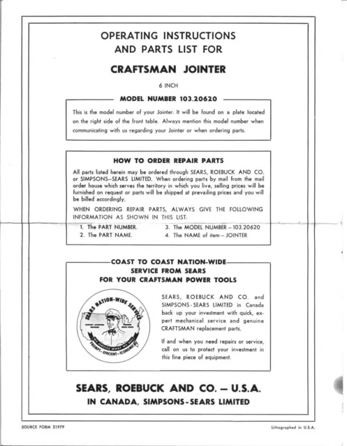 Jointer Operator Instruction Parts Manual fits Craftsman 6"  103.20620