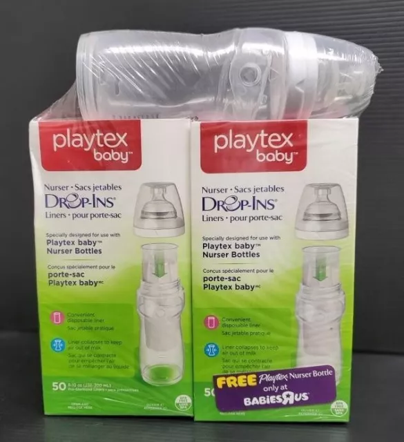 2 Playtex Baby Drop Ins Liners Nurser Bottles 8-10 oz 50 Per Box & 1 Bottle New