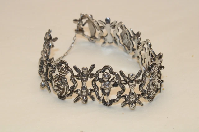 Vintage Signed F. Peruzzi Sterling Fleur de Lis Cherub Lyon Crest Bracelet