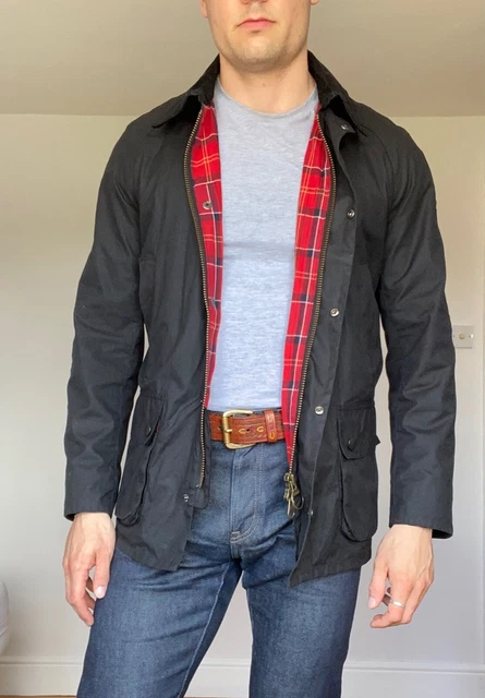 BARBOUR ASHBY BLACK Men s Wax Jacket Large Red Tartan Lining