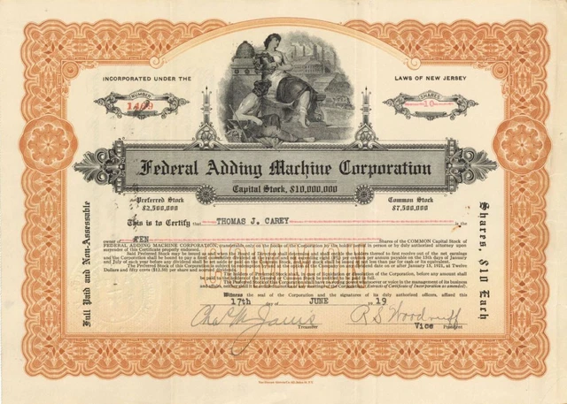 Federal Adding Machine Corp. - Stock Certificate - General Stocks