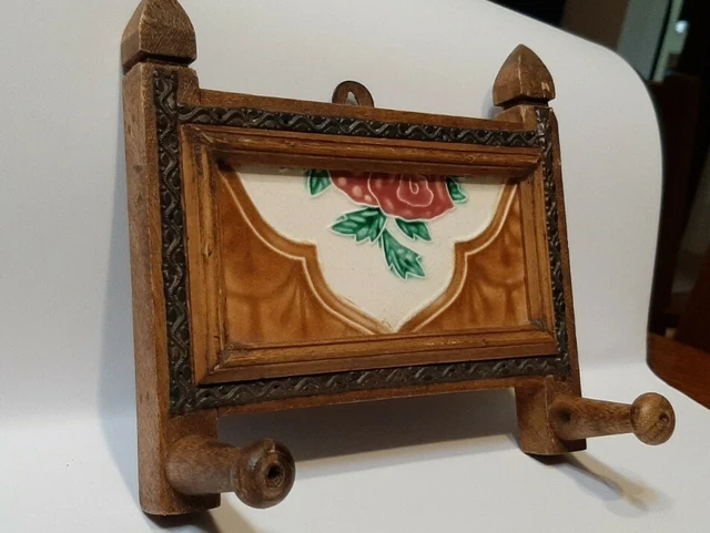 Victorian tile wood dog leash coat hat hooks holder rose flower antique 4