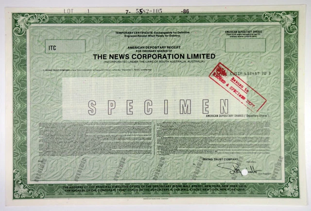 Australia. News Corp. Ltd., 1986 Specimen ADR Stock Cert XF Rupert Murdoch Co.