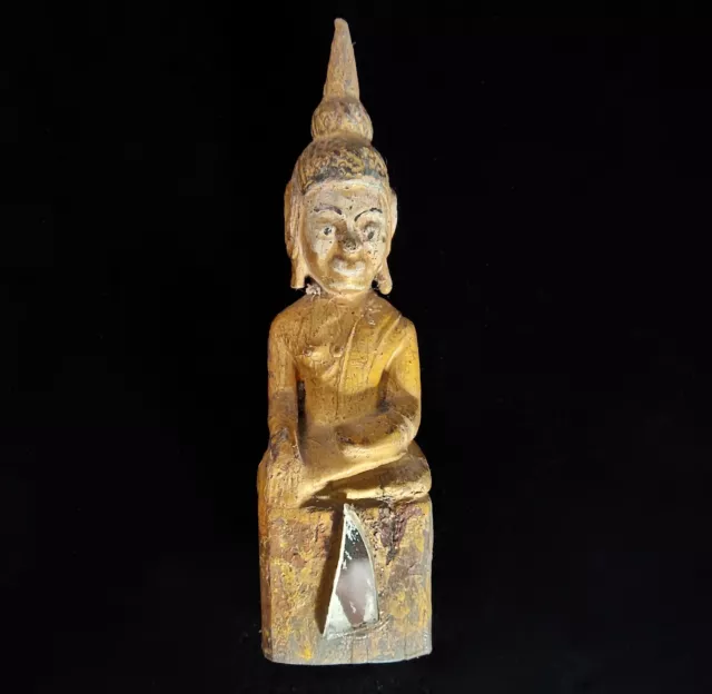 Carved Mini Buddha Wood Sculpture Gold Gilded Statue Vintage Gautama Fine Art