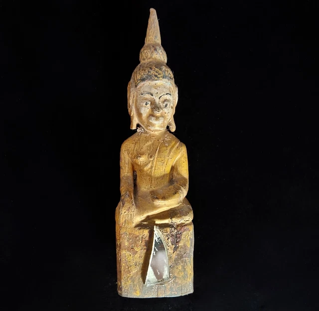 Carved Mini Buddha Wood Sculpture Gold Gilded Statue Vintage Gautama Fine Art