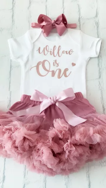 Girls 1st First Birthday Cake Smash Set Tutu Personalised Rose Gold Dusky Pink