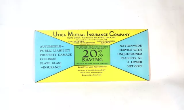 Vintage 1935 Utica Mutual Insurance Co. Ink Blotter 8 3/8" X 4.75"