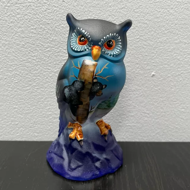 Fenton Cobalt Blue Glass Owl HP Black Bear in Tree Figurine LE #31/55 Kim Barley