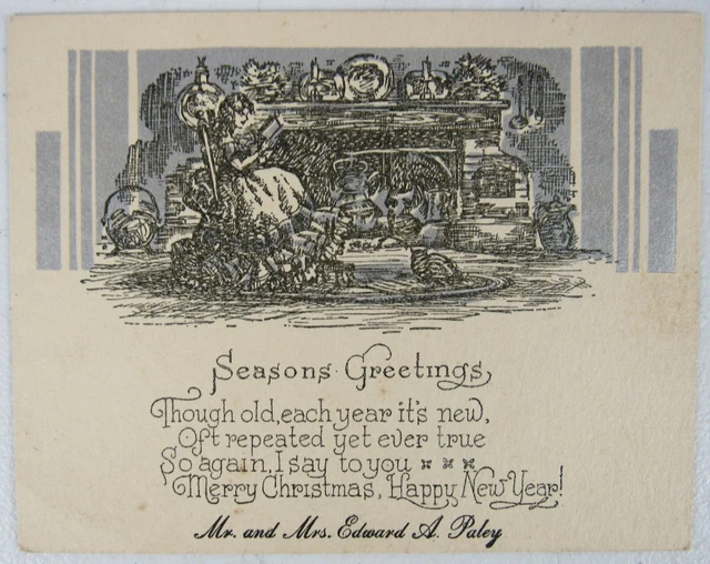 Antique Christmas Card Early 1900's Girl Reading in Front of Fire PC2