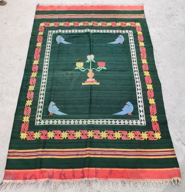 Vintage Bhavani Jamakkalam Silk Handmade Carpet Authentic Indian Rug Home Decor