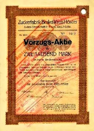 Zuckerfabrik Brakel Kreis Höxter AG hist. Vorzugs Aktie 1923 Zucker + Ziegel NRW
