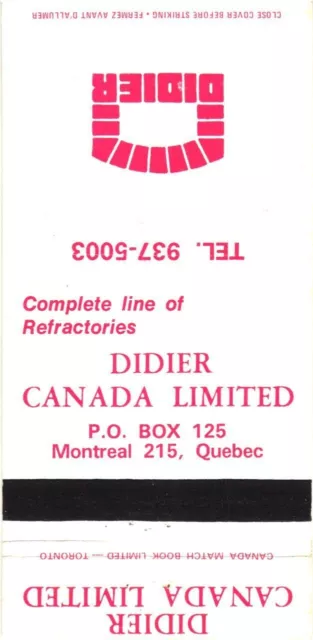 Montreal Quebec Canada Didier Canada Limited Vintage Matchbook Cover