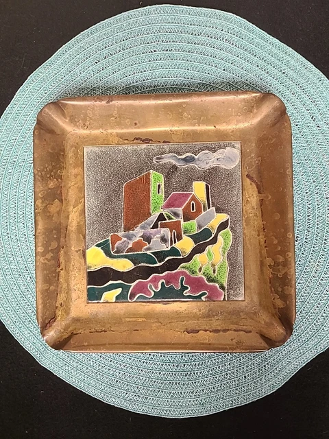 Unique Vintage Handpainted Signed Ceramic Tile With Brass Frame Wall Decor