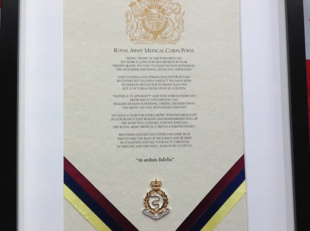 Royal Army Medical Corps  RAMC Poem printed badge black frame 2