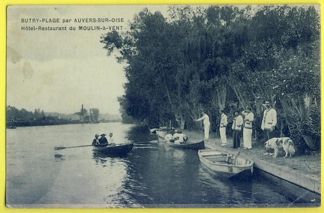 cpa RARE 95 BUTRY PLAGE RESTAURANT Le MOULIN à VENT Belle Animation Quai Barques