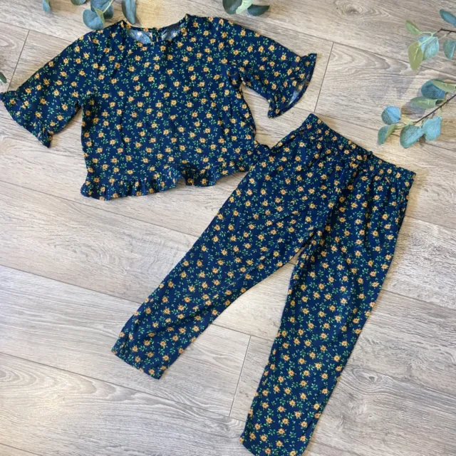 NEXT girls beautful Navy floral summer co ord set top trousers age 6