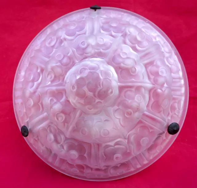 French Art Deco DEGUE Pressed Glass Dome Chandelier Ceiling Light Flowers Signed