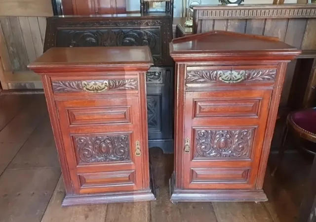 Rare Pair Antique Victorian Carved Walnut & Mahogany Cabinets DELIVERY POSSIBLE