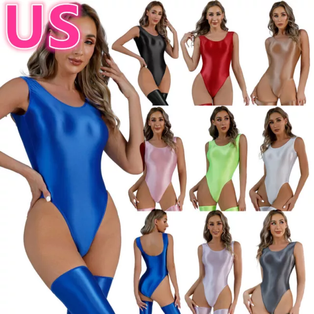 US Women High Cut Bodysuit Oil Glossy Leotard One Piece Swimsuits Bathing Suits