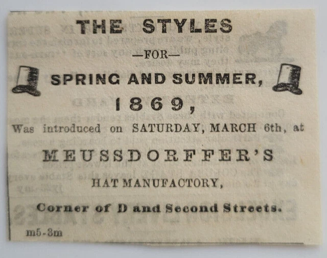 Hatter Meussdorffer's Sacramento Ad 1869 Original Newspaper Clipping ~2.5x1.75"