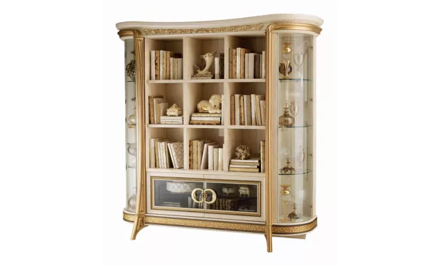 Exklusiver Bücherschrank Bücherregal Beige Hochglanz Glastüren Klassischer Stil