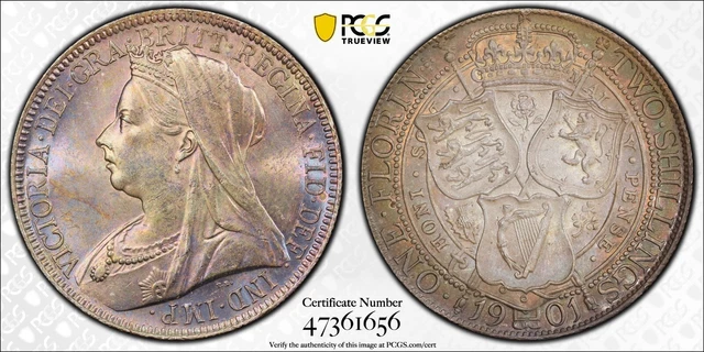 1901 Victoria Florin PCGS MS63 2 Shillings Nicely Toned