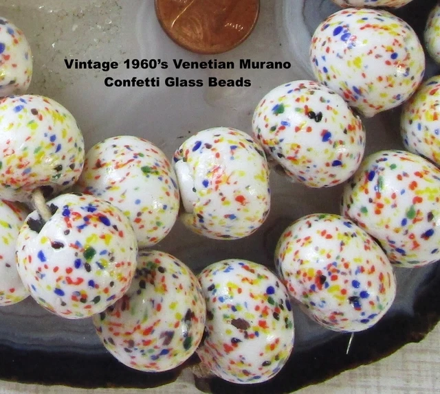 Vintage Venetian Murano Confetti Glass Round Bead, Rainbow Multi Color  12 Beads