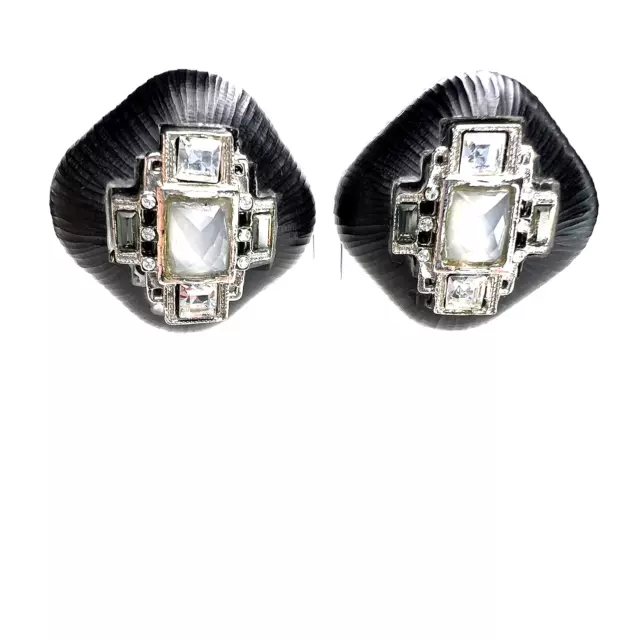 Alexis Bittar Black Carved Lucite Clip On Earrings Silver White Crystal Cross
