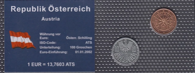 Austria 2 Coins Set 10 Groschen And 2 Eurocents In Plastic Unc