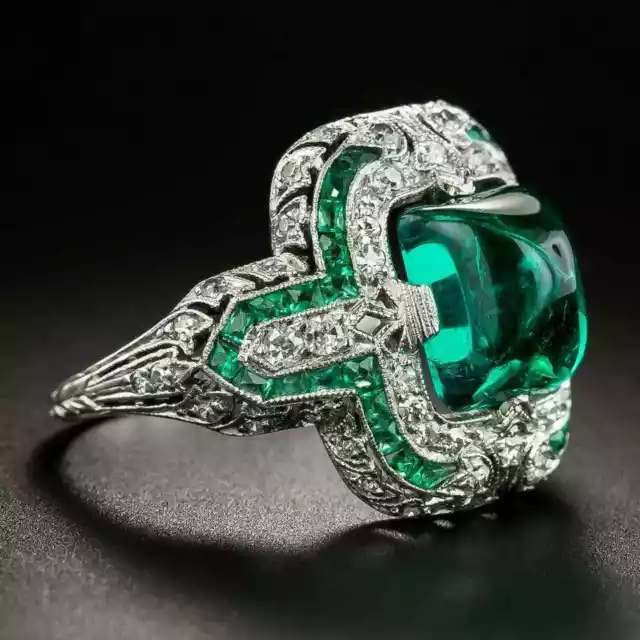 Late 20th Century Design Art Deco Sugarloaf Colombian Emerald & Bright CZ Ring
