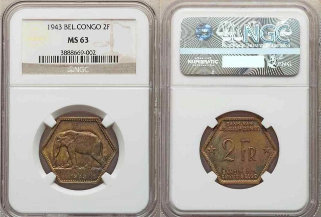 1943 Two Francs Brass Hexagonal Coin Belgian Congo Elephant Moving Left MS 63