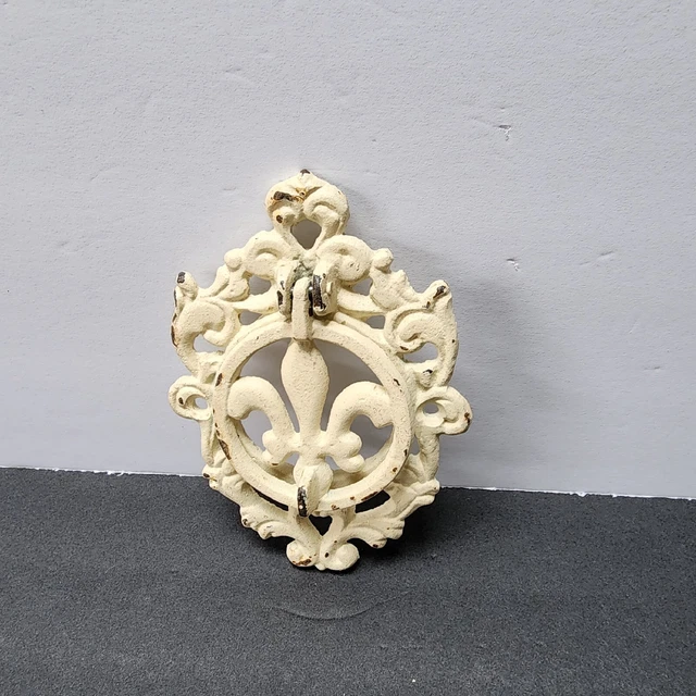 Cast Iron Fleur De Lis Door Knocker Rustic Chippy Cream Paint Farmhouse Chic