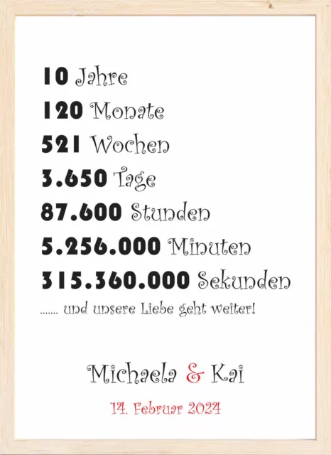 Jahrestag Hochzeitstag Geschenk 10 Jahre Geschenkidee für Paare Mann Frau DIN A4