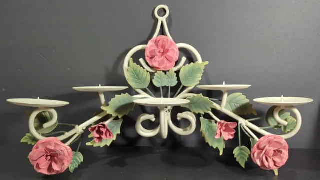 Vintage Metal Toleware Wall 5 Candle Holder Pink Rose/Floral Sconce, Shabby Chic