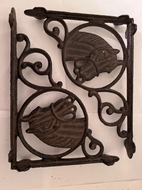 2 Cast Iron WESTERN Style HORSE HEAD Brackets Garden Braces PONY Shelf Bracket