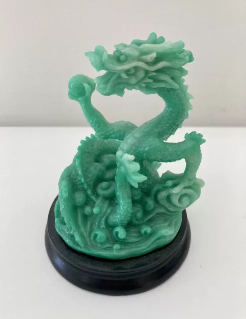 Chinese Feng Shui Jade Color Resin Dragon Figurine on Stand 4" Tall