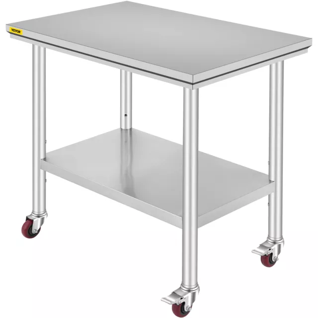 Stainless Steel Kitchen Prep & Work Table 4 Casters (Wheels) - 36 in. x 24 in.