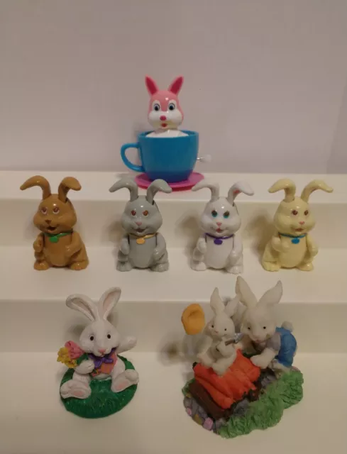 Mixed Variety Lot of 7 Mini BUNNY RABBIT Easter Figures~Motion, Wind Up, Ceramic