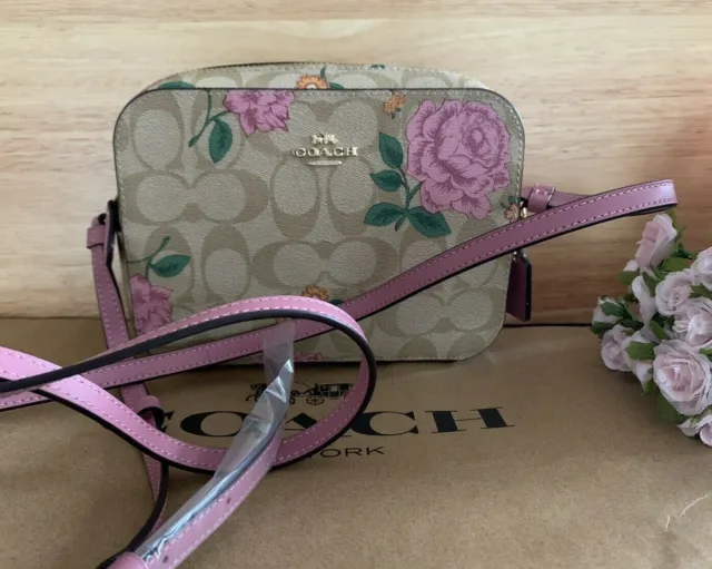 COACH Mini Camera Bag In Signature Canvas Khaki Blossom Pink Gold 91677