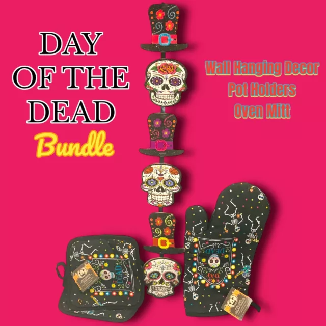 Day Of The Dead Glitter Sugar Skull Hanging Signs, Pot Holders, Oven Mitt. NEW!