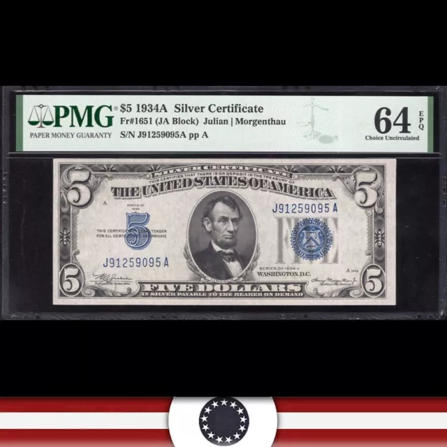 1934-A $5 SILVER CERTIFICATE *J-A Block* PMG 64 EPQ Fr 1651 59095