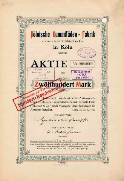 Kölnische Gummifäden Fabrik Köln Deutz hist. Aktie 1920 vorm. Ferd. Kohlstadt