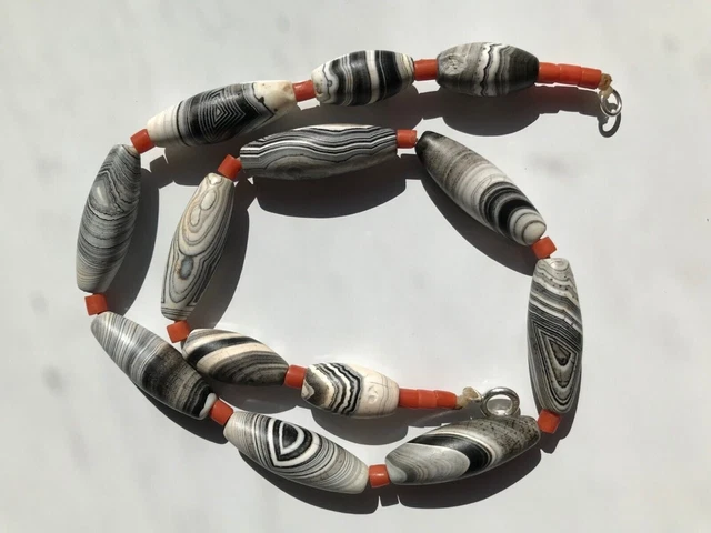 Ancient Indo Tibetan King Solomon's Agate Beads & Antique Nepali Coral Necklace