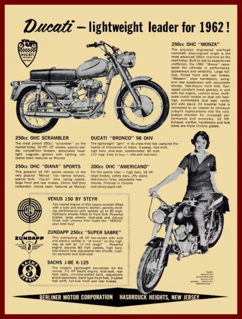 1962 Ducati Motorcycles New Metal Sign: 250cc OHC Monza - Berliner Motors, NJ