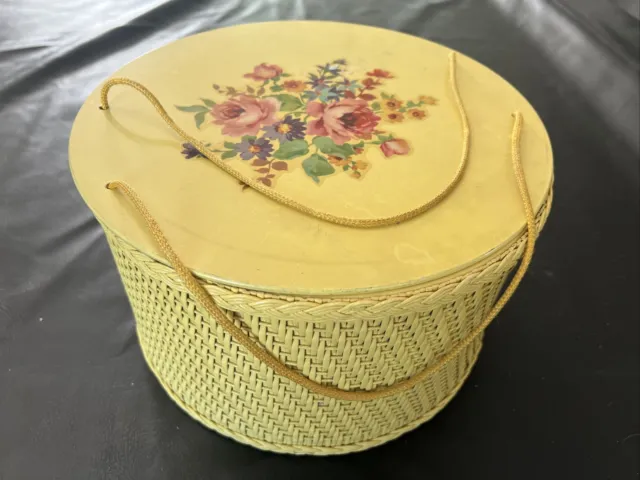 Vtg Princess Yellow wicker wood sewing basket floral decal roses