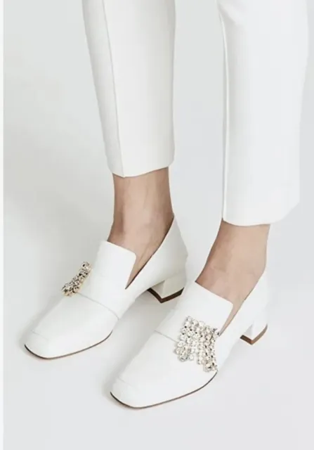 NWOB Stuart Weitzman Irises Embellished Block Heel Loafer White Leather Womens 8