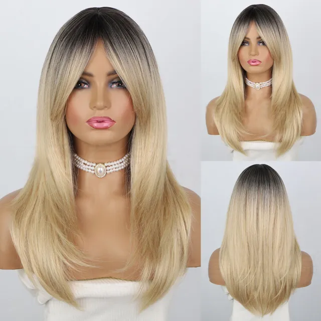 Long Straight Wig Ombre Brown Blonde Golden Synthetic Wigs with Bangs for Women