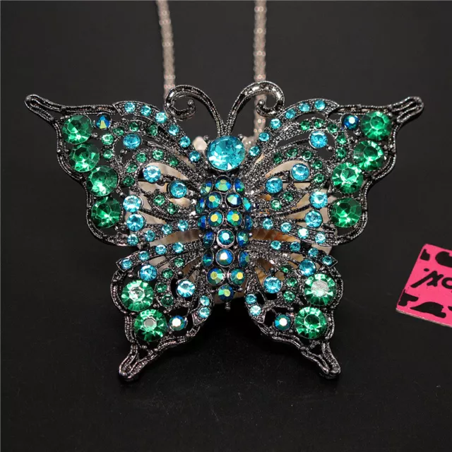 New Blue AB Rhinestone Bling Butterfly Pendant Betsey Johnson Chain Necklace
