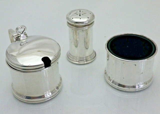 Art Deco Silver Cruet 3 Piece Blue Liners Solid Sterling Birmingham 1931 (SLY)