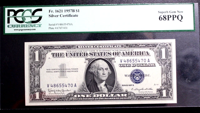 1957B  $1 Silver Certificate FR 1621. PCGS Graded SUPERB GEM 68 PPQ BEAUTIFUL